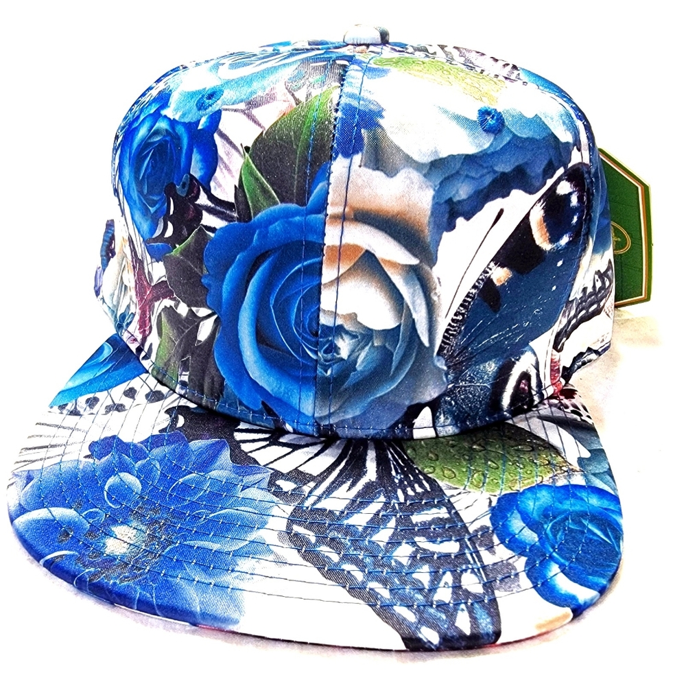 ``H25456 NWT Snapback/Baseball Cap - Butterflies & Big Roses (Blue Theme)